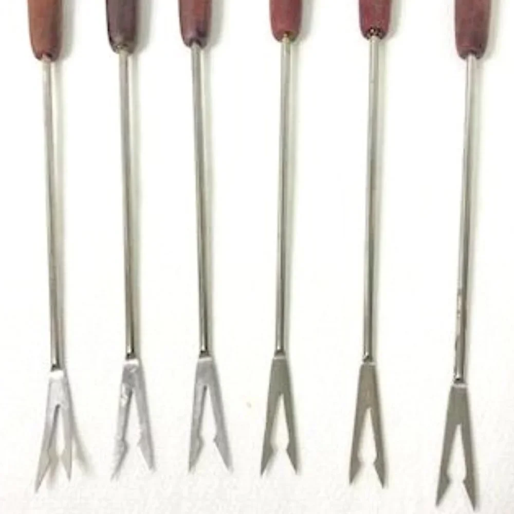 Vtg Fondue Forks Skewers Set of 6 Wood Handle Colored Tips MCM Retro Mod